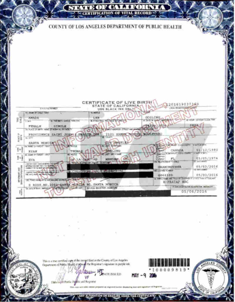 Certificato di nascita di Amada Lee Gosling